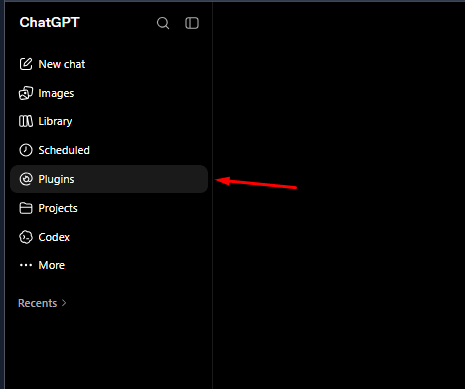 Menu lateral do ChatGPT com Plugins destacado