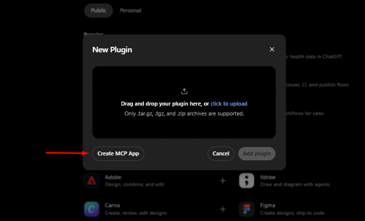Botão Create MCP App