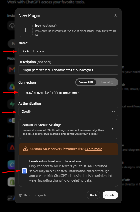 Formulário Name, Server URL e OAuth