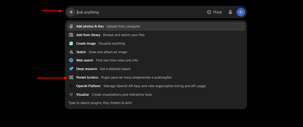 Selecionar Pocket Juridico no menu do chat