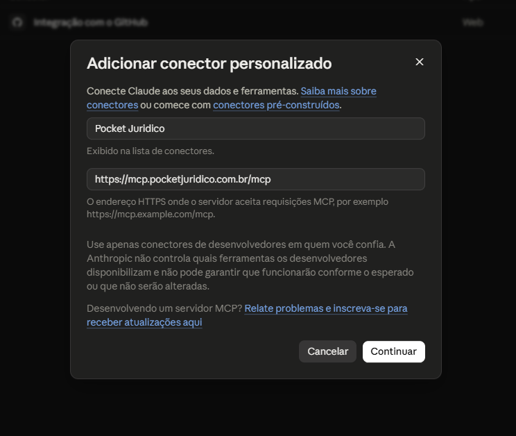 Formulário com nome Pocket Juridico e URL do MCP