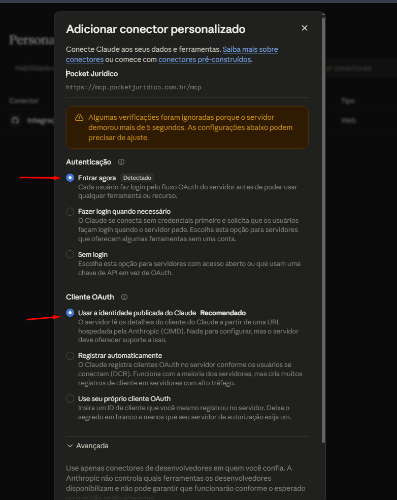 Opções Entrar agora e identidade publicada do Claude