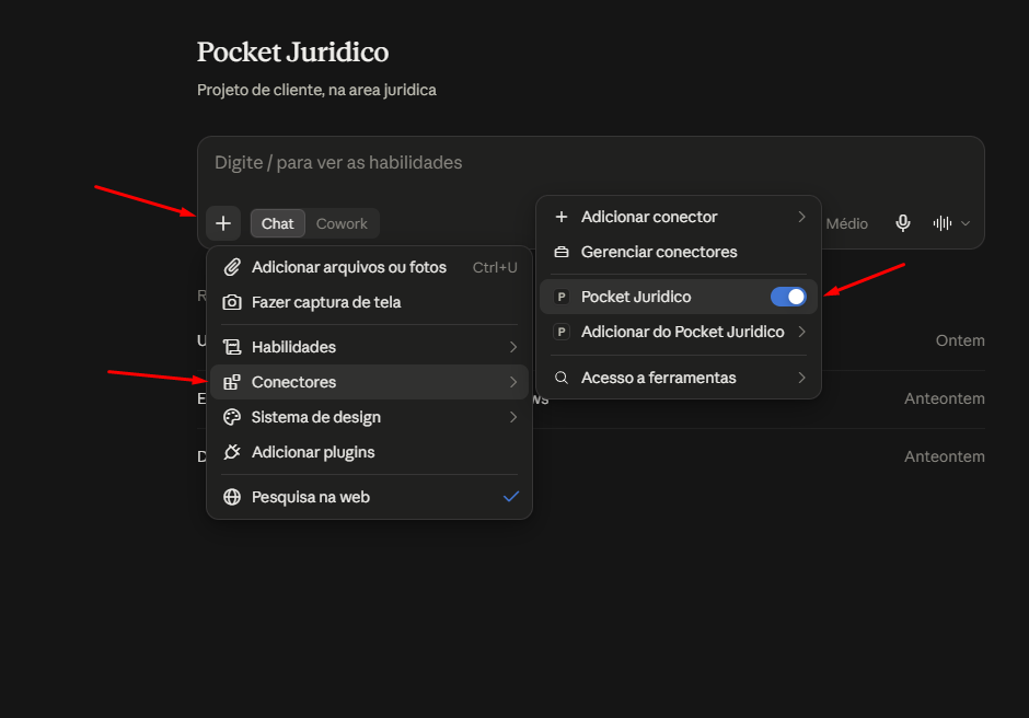 Ativar Pocket Juridico nos conectores da conversa