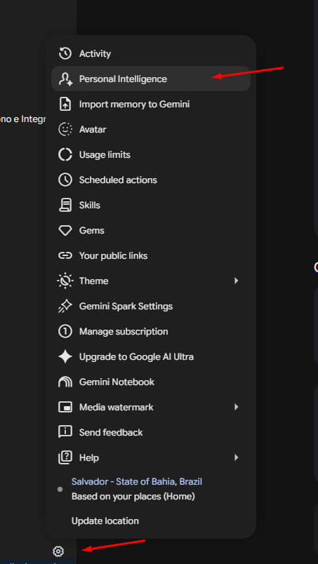 Menu de configurações do Gemini com Personal Intelligence