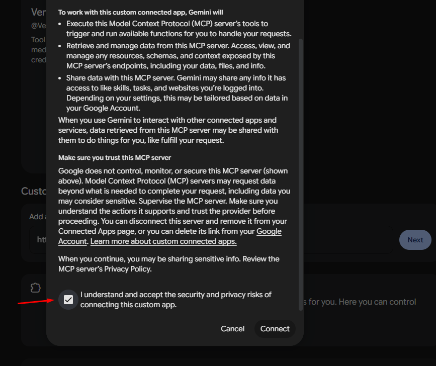 Checkbox de aceite e botão Connect
